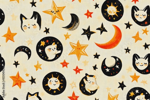 Wallpaper Mural Playful textile pattern featuring suns stars and moons symbolizing the beauty of the cosmos creativity and imagination in a bright whimsical design Torontodigital.ca