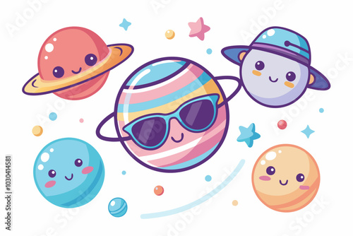 Cute Cartoon Planets and Space Adventure Vector on White Background