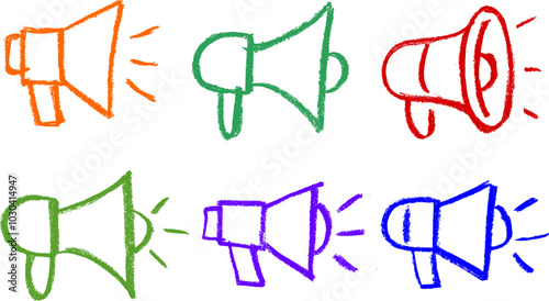 Megaphone Icons Crayon Chalk Drawing Vector Set
