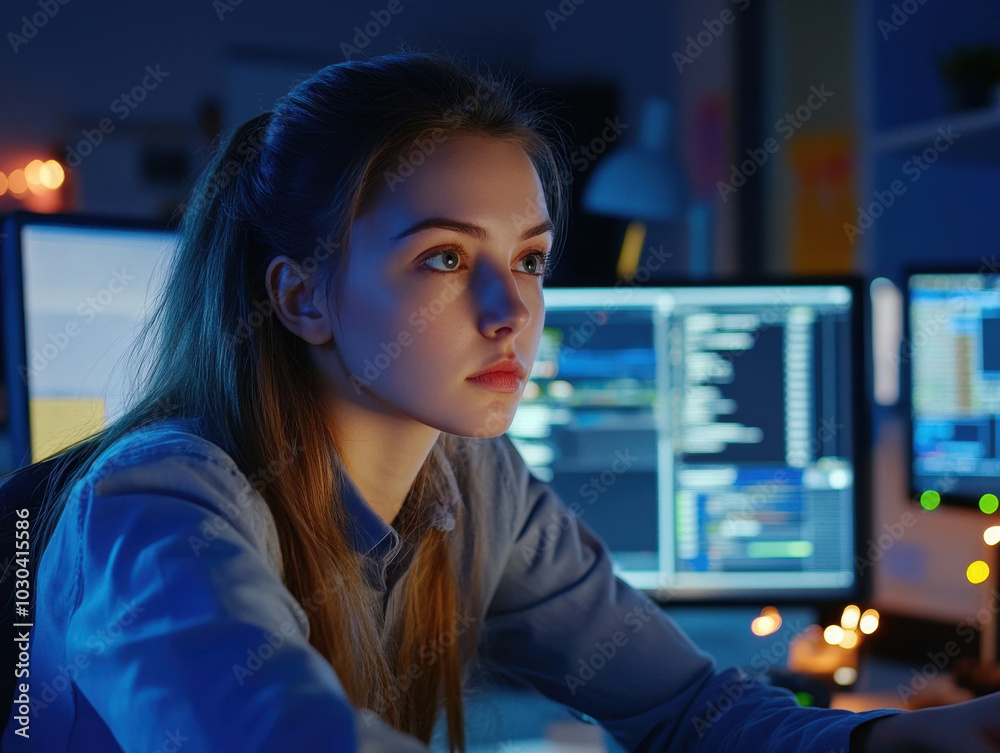 Focused data analyst works late at night, immersed in cybersecurity tasks in a modern tech office Focused data analyst works late at night, immersed in cybersecurity tasks in a modern tech office