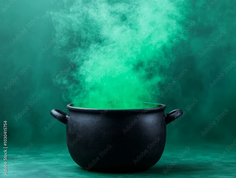 Black cauldron with green smoke on a dark green background. Black cauldron with green smoke on a dark green background.