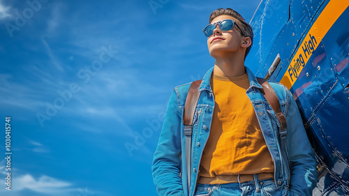 National Aviation Day, an aviation enthusiast standing proudly beside an airplane, with a bright blue background photo