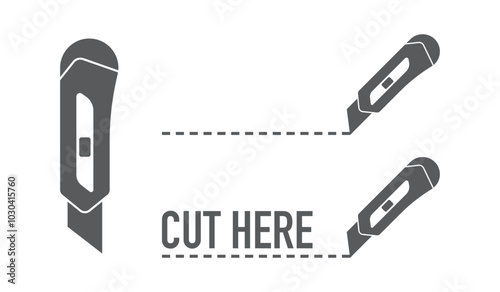 A set of stationery knife icons with a dotted line and the words 'CUT HERE' to indicate where to cut.