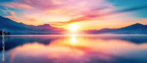 Serene Sunset Over Mountains Reflected in a Calm Lake