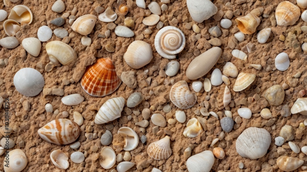 Different seashells and pebbles forming a background on the sand Different seashells and pebbles forming a background on the sand