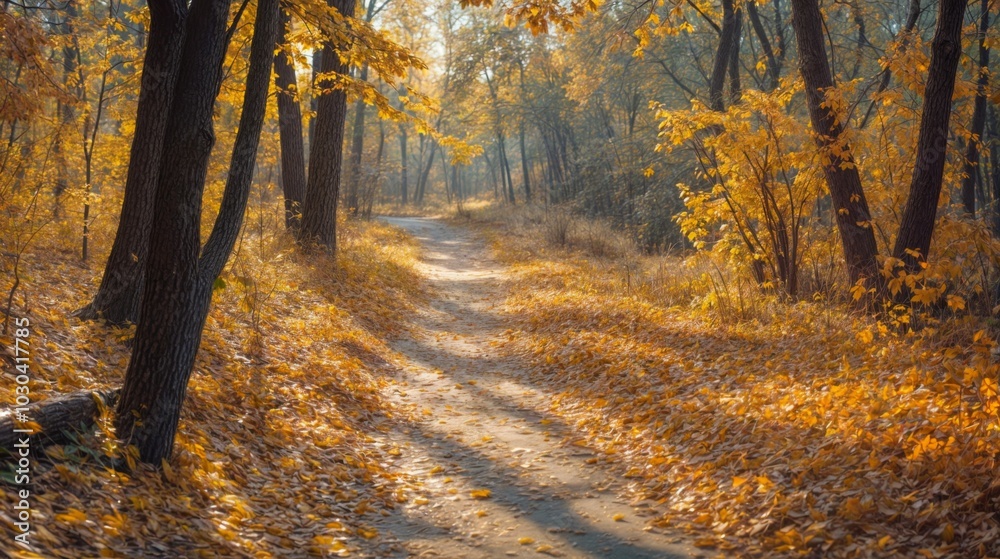 Autumn landscape. The path in the autumn forest with yellow leaves Autumn landscape. The path in the autumn forest with yellow leaves