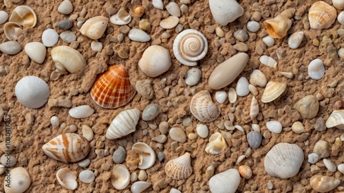 Different seashells and pebbles forming a background on the sand