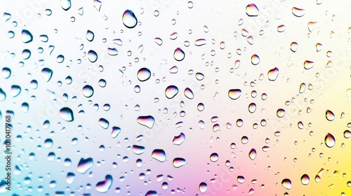 Water droplets on window glass with rainbow colored background, detailed texture and bright colors create an artistic style with rainy season atmosphere
