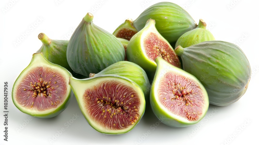 Fresh green figs, both whole and sliced, are shown against a plain white backdrop. Fresh green figs, both whole and sliced, are shown against a plain white backdrop.