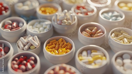 photorealism of Background of various prescription pills and capsules separated by type on small cups. photo