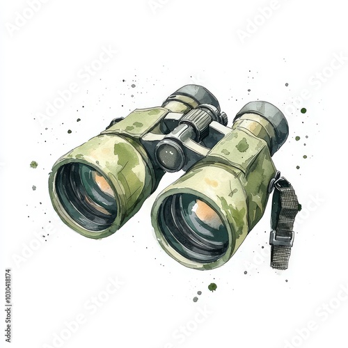 Binoculars, green camo design, white isolate background photo