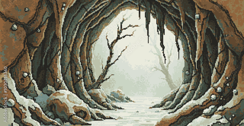 pixel art cavern with dead trees, opening of the cave, cold snow in the brown stone pixel art cavern with dead trees, opening of the cave, cold snow in the brown stone