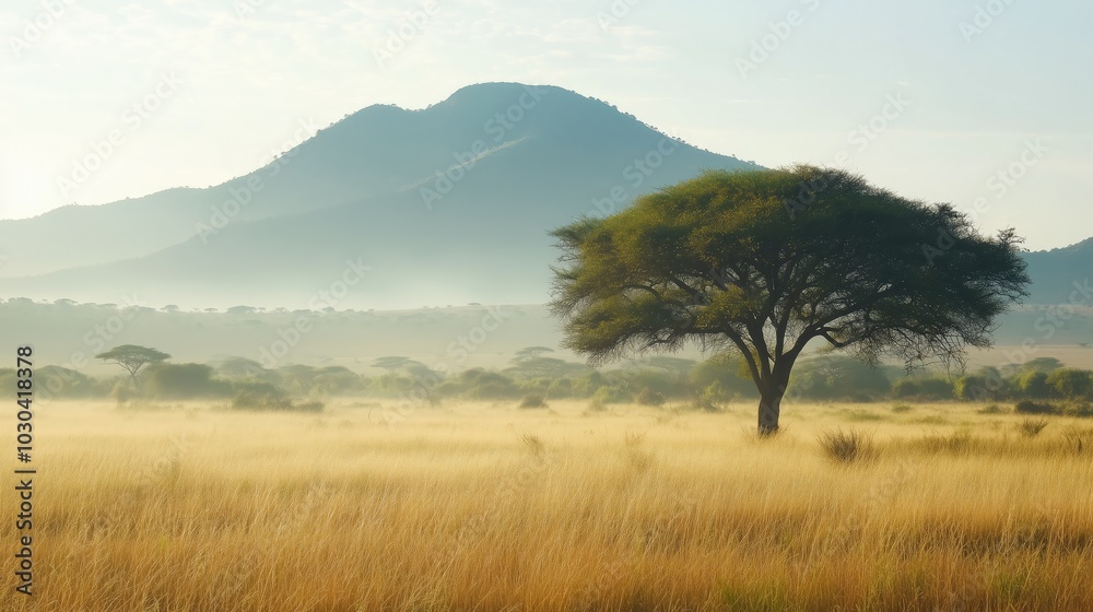 Majestic African Savanna Landscape at Sunset with Misty Mountain Horizon. Majestic African Savanna Landscape at Sunset with Misty Mountain Horizon.