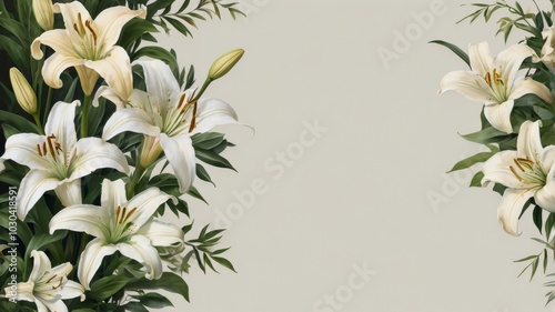 White lilies forming a frame on a light green background