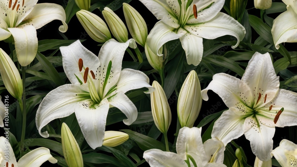 Obraz premium White lilies blooming on dark green background