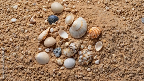 Seashells lying on the sand creating abstract patterns