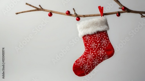 Red christmas stocking hanging on branch with baubles minimal design
