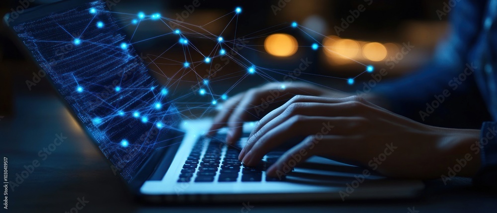 Hands Typing on Laptop with Blue Network Lines Hands Typing on Laptop with Blue Network Lines