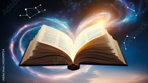 An open book with glowing, ethereal pages, floating in mid-air, surrounded by swirling galaxies and constellations, symbolizing the boundless and universal nature of knowledge and discovery.