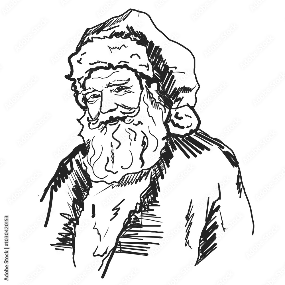 Fototapeta premium Freehand vintage portrait Santa Claus scribble isolated on white background. Texture of writing materials. Handwritten christmases doodles and pencil strokes. 
