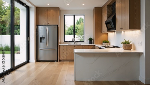 Modern appliance-filled kitchen with hardwood floors stone wood cabinetry and fridge within an urban apartment