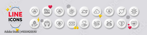 Say yes, Love and Romantic gift line icons. White buttons 3d icons. Pack of Inclusion, One love, Lgbt icon. Care, Valentine, Friends couple pictogram. Honeymoon travel, Break up, For ever. Vector