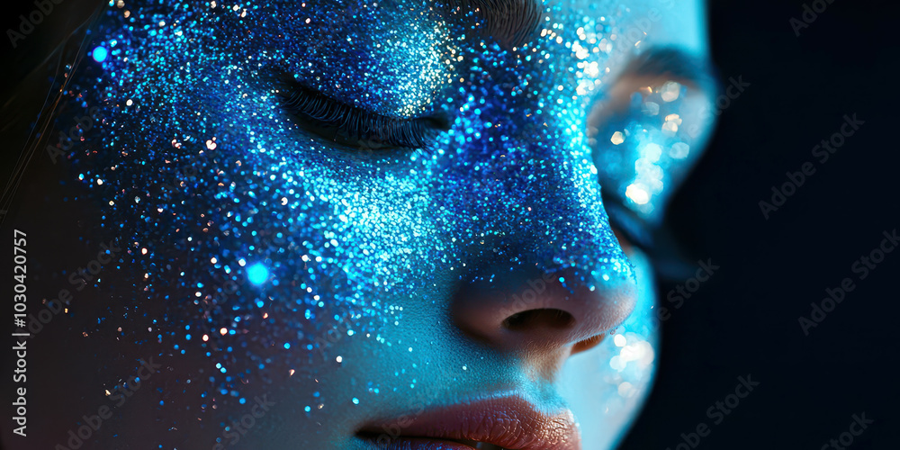 A woman's face is covered in blue glitter A woman's face is covered in blue glitter