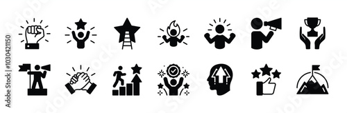 Business motivation icon set. Containing achieve, power, achievement, ambition, aspiration, career, desire, development, encourager, goal, growth, improvement, success, teamwork. Vector illustration