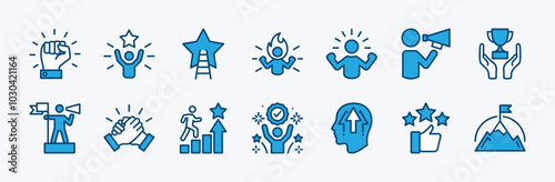 Set of business motivation icon. Containing achieve, power, achievement, ambition, aspiration, career, desire, development, encourager, goal, growth, improvement, success, teamwork vector illustration