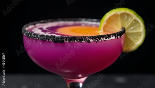 Detailed Canon EOS 5D Mark IV capture of a hauntingly beautiful purple-orange margarita against a dark backdrop photo