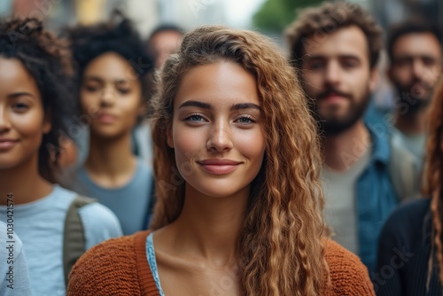 Diverse Urban Crowd with Focused Young Woman in Vibrant City Street Scene. photo