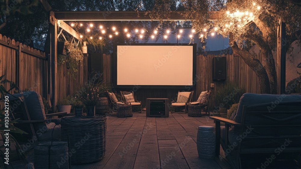 An outdoor home cinema setup with a projector screen, cozy chairs, and string lights hanging over the space. An outdoor home cinema setup with a projector screen, cozy chairs, and string lights hanging over the space.