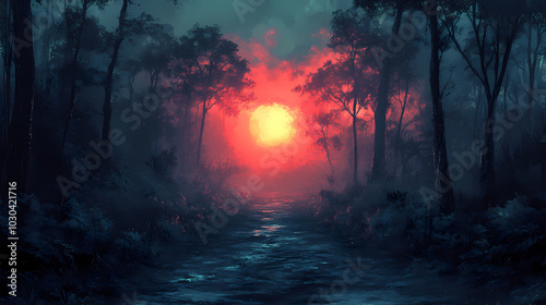 horror forest background, full moon above trees, apocalyptic scene