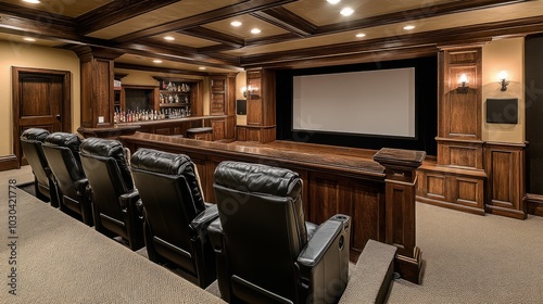 Basement home theater conversion with soundproofing panels, a bar in the corner, and a giant movie screen with recliners. photo