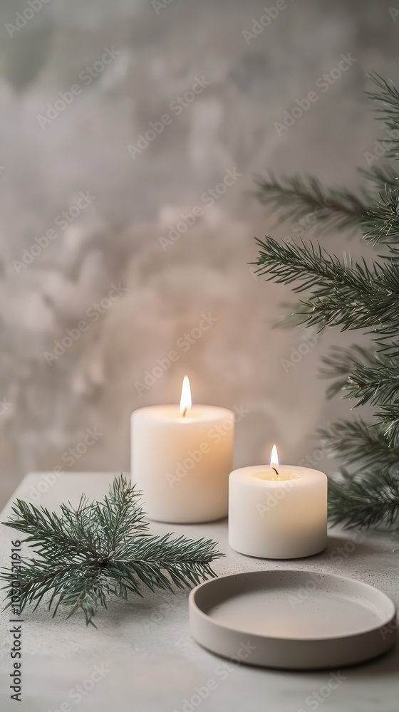 Minimalist Holiday Candle Display with Natural Elements Minimalist Holiday Candle Display with Natural Elements