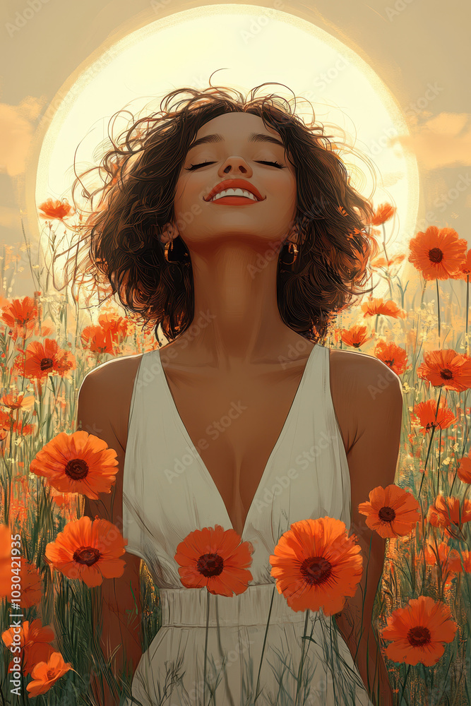 Naklejka premium A girl with hair, wearing an short-sleeved top and high-waisted trousers is smiling as she walks through the field of flowers in spring.