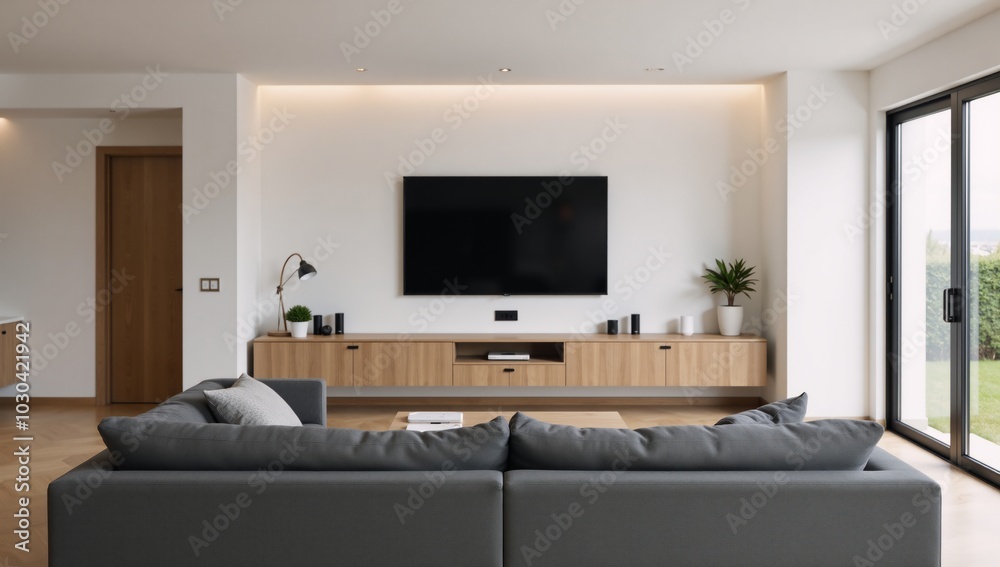 Fototapeta premium Modern smart-home tech meets comfortable relaxation sleek living space boasts gray sofa amidst cutting-edge gadgetry