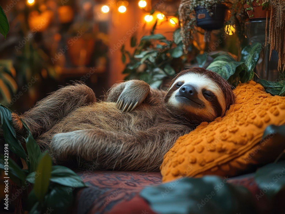 Fototapeta premium adorable sloth sprawled out comfortably on a plush sofa, exuding relaxation and laziness, surrounded by a cozy room filled with playful decor and soft lighting