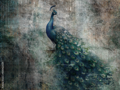 Wallpaper Mural Beautiful peacock on grunge photo wallpaper with golden abstract elements on concrete background. Illustration for wallpaper, fresco, mural. Torontodigital.ca
