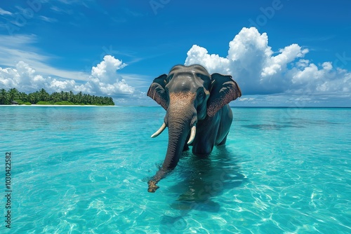 Elephant bathing in clean transparent blue water. Tropics. photo