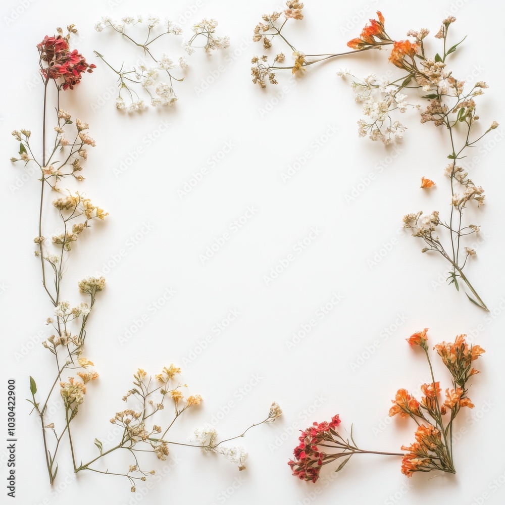 Delicate dried flowers arranged in square pattern on white background for artistic display Delicate dried flowers arranged in square pattern on white background for artistic display