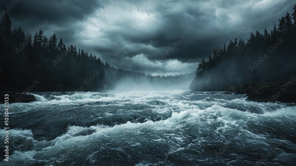 Obraz premium Dramatic Mountain River During Rainstorm