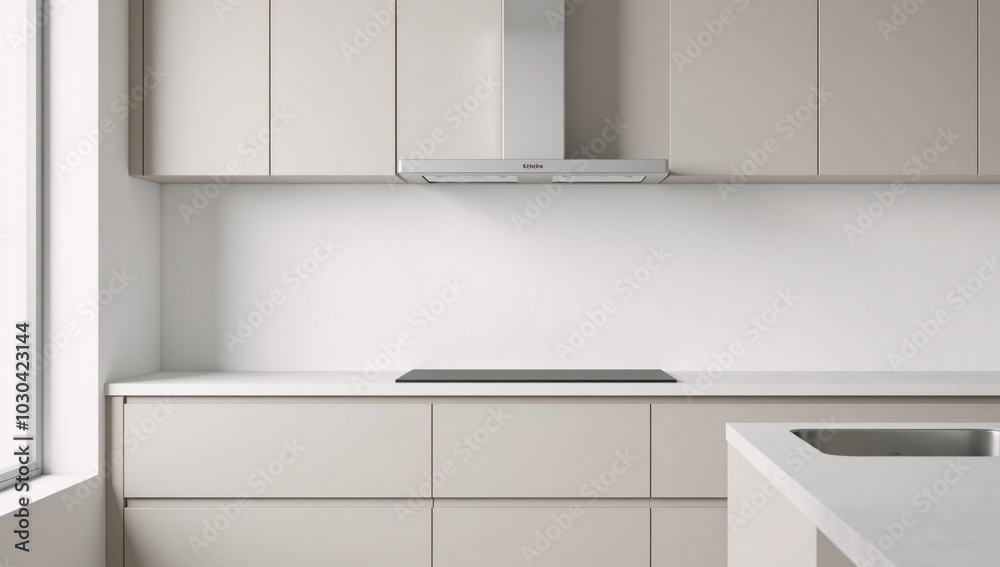Modern minimalist kitchen splashback mock-up featuring an empty back wall for custom image inset Modern minimalist kitchen splashback mock-up featuring an empty back wall for custom image inset