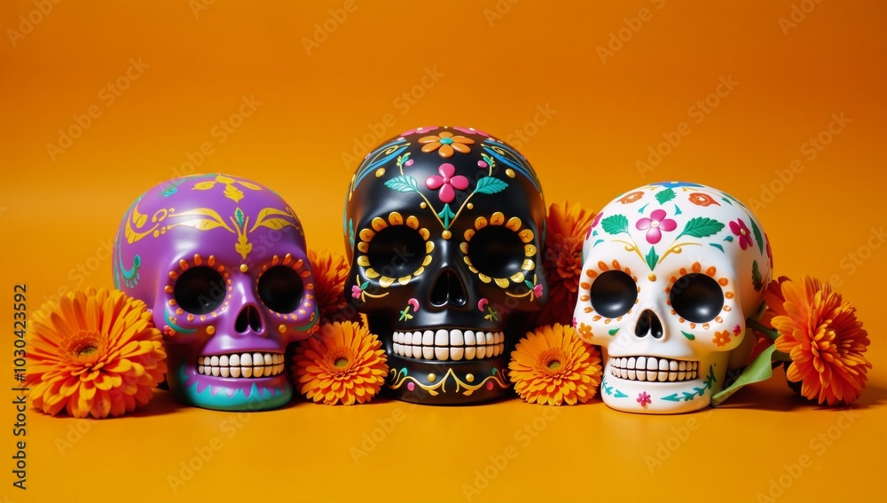 Colorful sugar skulls surrounded by marigolds on an energetic orange backdrop depicting the essence of Day of the Dead tradition Colorful sugar skulls surrounded by marigolds on an energetic orange backdrop depicting the essence of Day of the Dead tradition