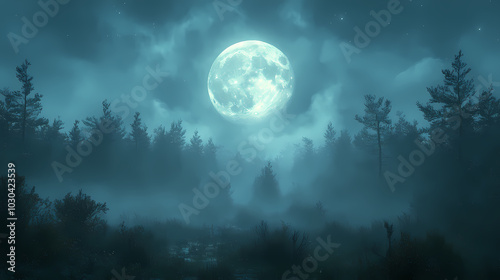 horror forest background, full moon above trees, apocalyptic scene