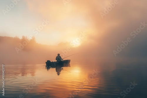 Fisher fishing on foggy sunrise.