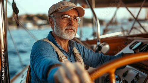 Focused sailor steering a sailboat in calm waters during the late afternoon