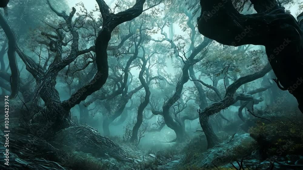 Twisted branches reach towards the sky in a misty forest, creating an eerie and magical atmosphere Twisted branches reach towards the sky in a misty forest, creating an eerie and magical atmosphere