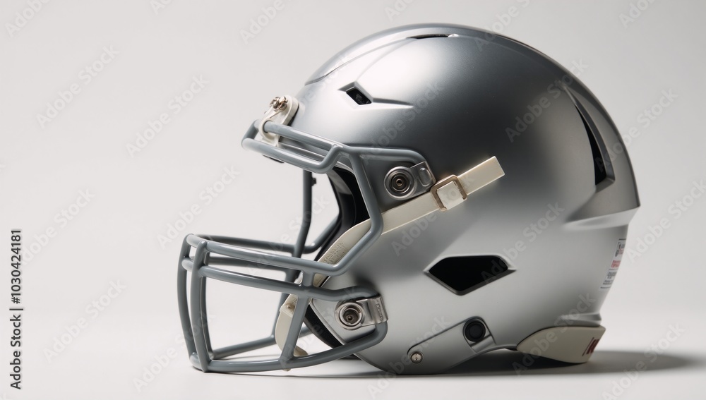 Fototapeta premium Sleek metallic football helmet on a clean white backdrop