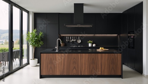 Dark kitchen with a harmonious blend of black and walnut finishes